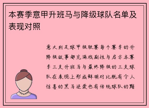 本赛季意甲升班马与降级球队名单及表现对照